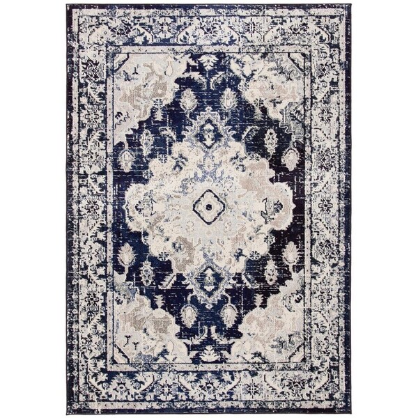 Flowers First 6 ft.-7 in. x 6 ft.-7 in.Traditional Monaco Round Rug; Ivory & Navy FL2149358 - main